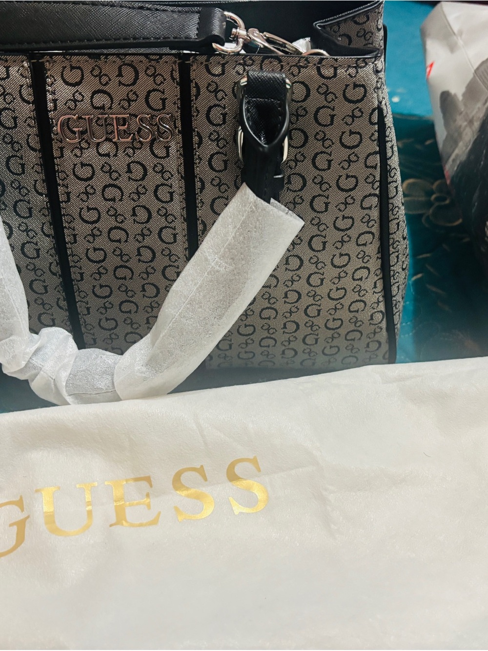Guess Monogram Logo Tote in Beige and Black